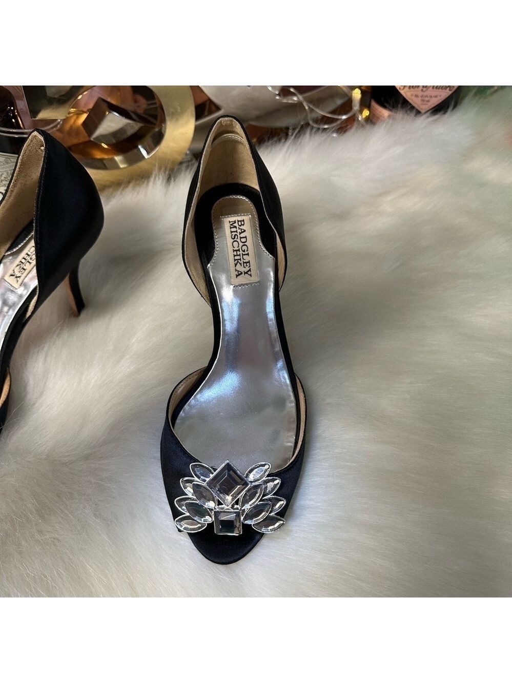 BADGLEY MISCHKA BLACK SATIN D’ORSAY OPEN TOE RHINESTONE EMBELLISHED HEELS 6.5M - Picture 4 of 9